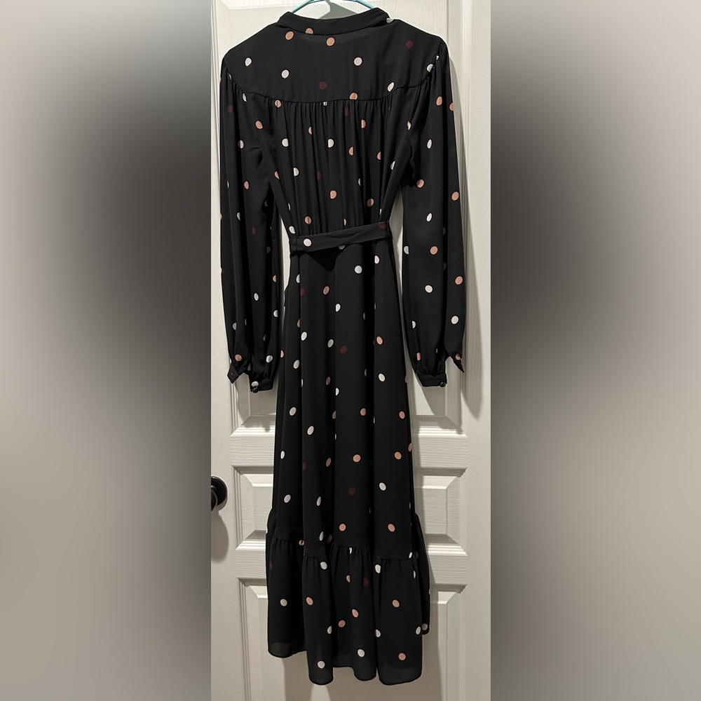 Kate Spade Long Sleeve Bakery Dot Midi Wrap Dress Black w Pink & White Polka Dot - Picture 7 of 8